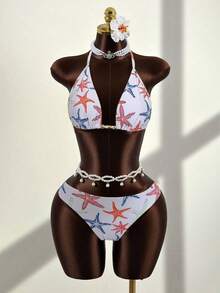 SHEIN Swim 女士性感露背系带海星印花比基尼套装，海滩度假风 - 彩色 - 查看 5