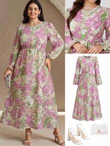 Ellevyn 大码女式休闲圆领收腰长袖连衣裙 - 彩色 - 查看 9