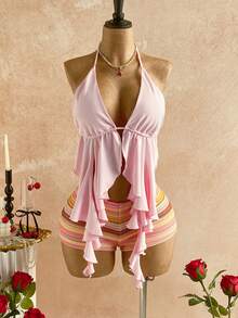 Soleia 波西米亚风钩针编织沙滩短裤，高腰梭织夏季休闲沙滩裤，迷你短裤 + 女士假日纯色不对称下摆性感吊带背心，夏季 - 彩色 - 查看 6