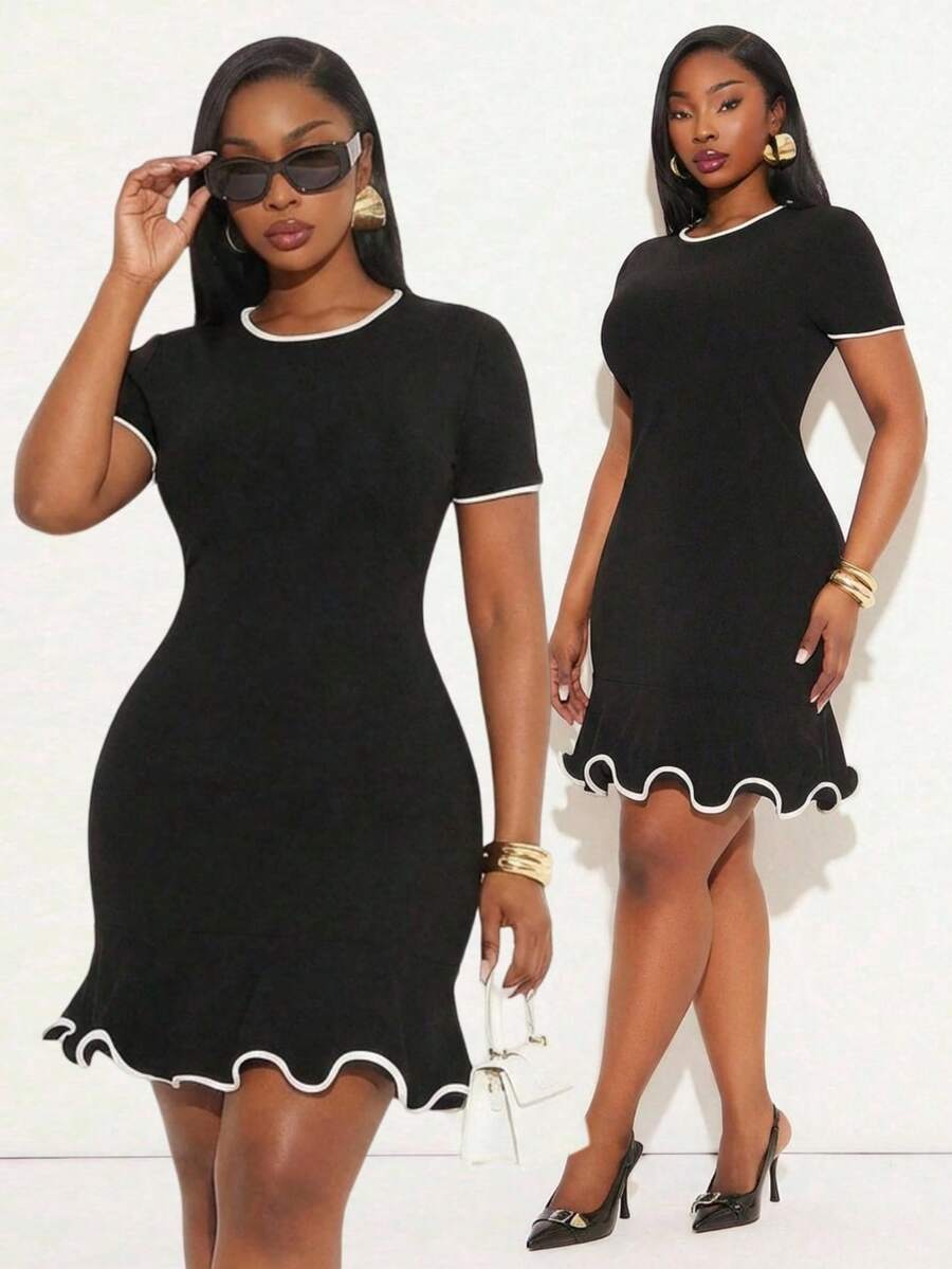 SHEIN SXY Vestido elegante de manga corta con cuello redondo y dobladillo con volantes para mujer de talla grande - Blanco y Negro - Ver 1