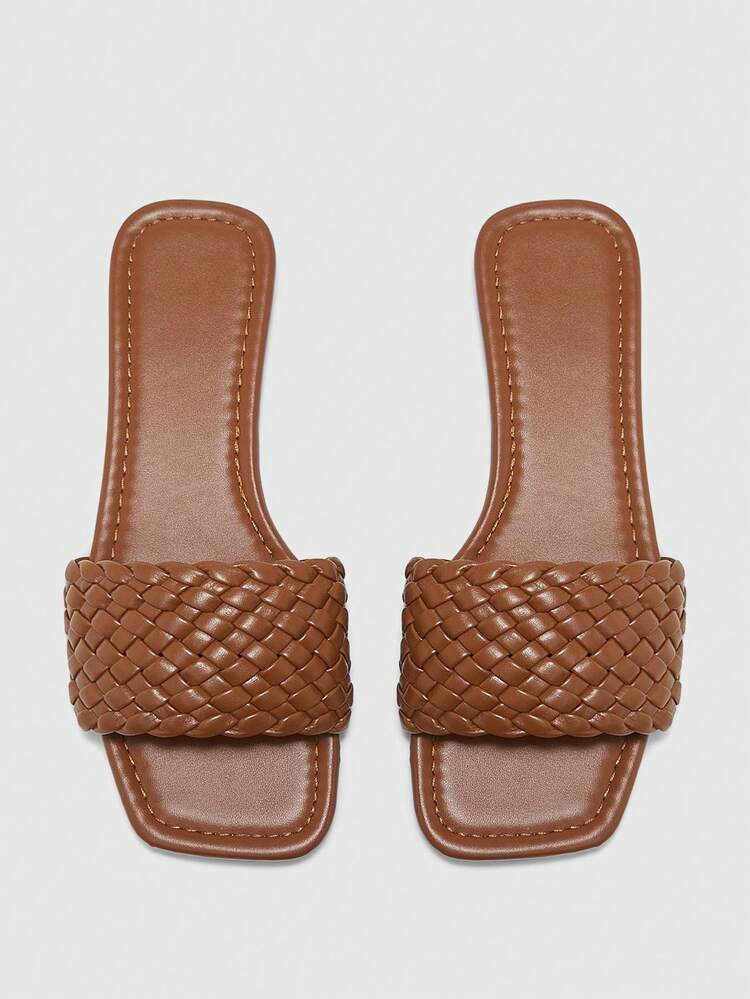 CUCCOO BIZCHIC Women Shoes Woven Design Open Toe Flat Sandals Slippers Simple Fashion PU Leather Brown Flat Sandals Slippers Indoor Beach Leisure
