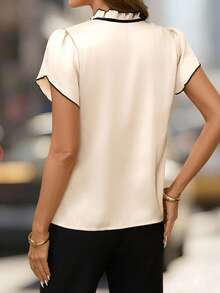 Editum 嘉年华服装，修身女士撞色短袖衬衫，夏季教师白色衬衫，乡村夏季 - 杏色 - 查看 2