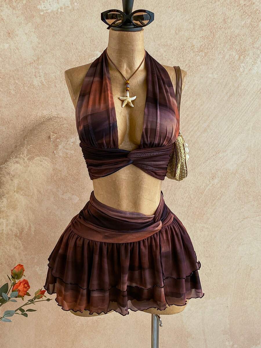 Soleia 女士性感扎染印花露背吊带上衣和迷你裙两件套，夏季 - 彩色 - 查看 1