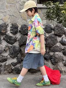 DAZY Tween Boy All-Over Print Polo Collar Single-Breasted Casual Versatile Daily Wear Short Sleeve Shirt - Multicolor - View 1