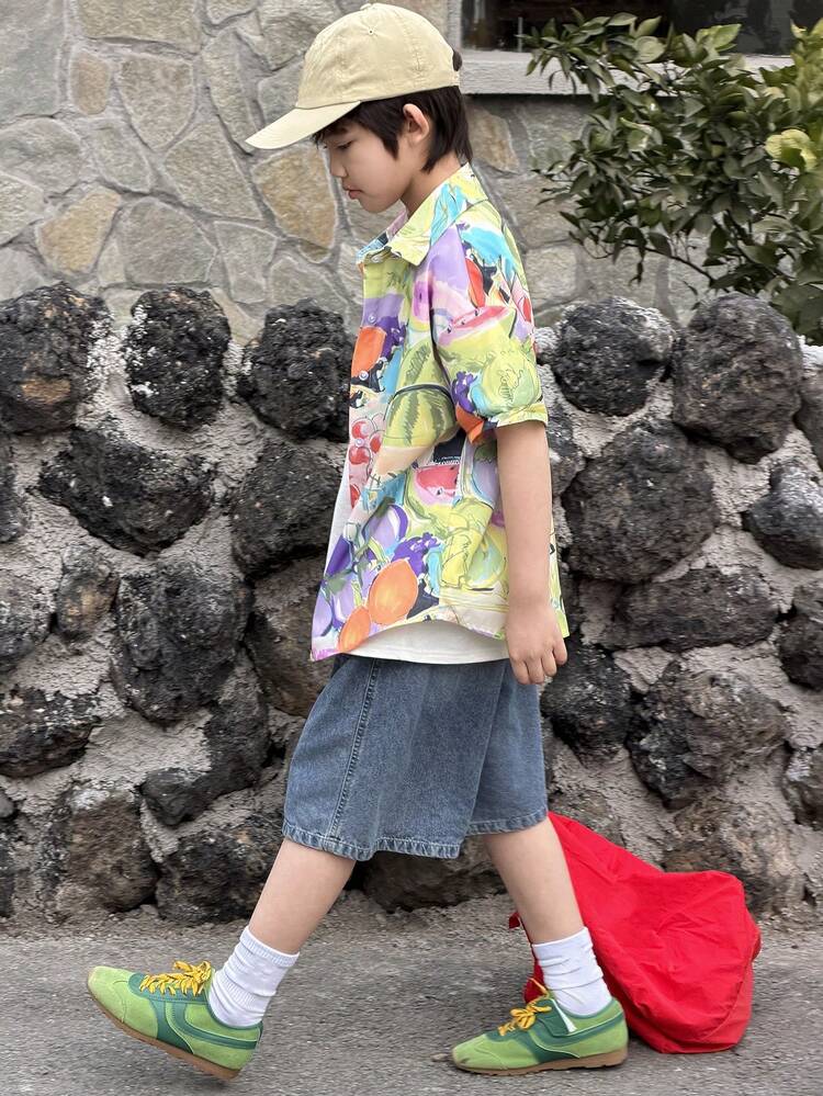 Tween Boy All-Over Print Polo Collar Single-Breasted Casual Versatile Daily Wear Short Sleeve Shirt Summer Vacation