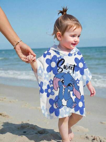 SHEIN Baby Girls Cute Rabbit Print Swimwear, Polyester Fabric, Fashionable Colorful Casual Swimsuit For Summer Swimming