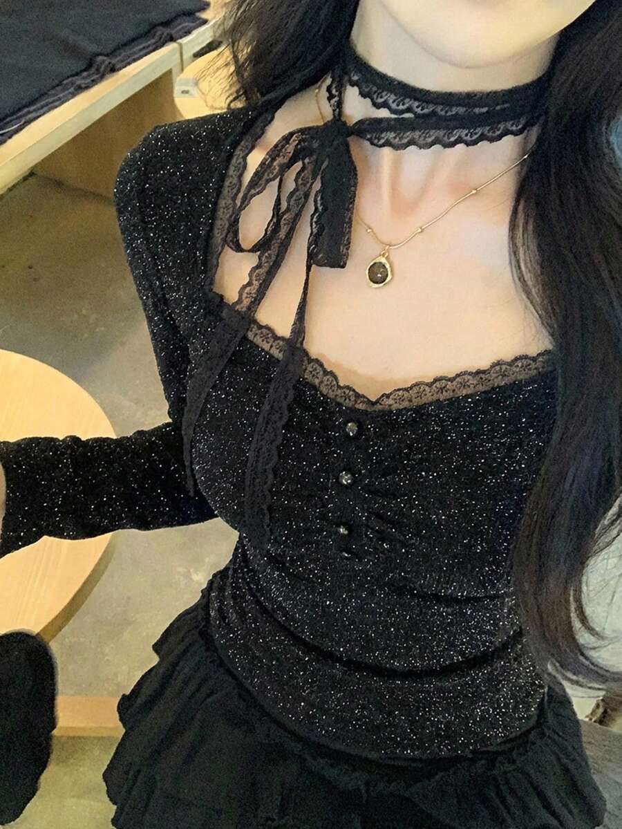 DAZY Áo thun dài tay buộc dây thanh lịch dành cho nữ, thích hợp cho mùa xuân/thu. - màu đen - Xem 1