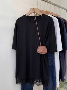 Shapeblank 大码女装春夏时尚休闲宽松舒适日常百搭显瘦黑色蕾丝边短袖长款T恤，外出上衣，简约风格 - 黑色 - 查看 8