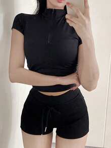 DAZY 女士修身Polo领短袖T恤 夏季 - 黑色 - 查看 4