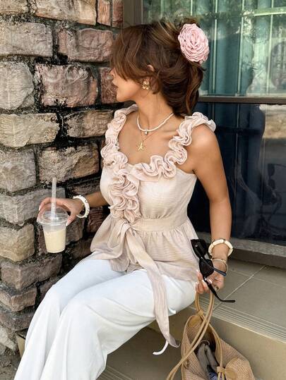 Serisse Women's Solid Color Round Neck Sleeveless Ruffle Trim Tie Waist Blouse,French Romantic Casual Ruffle Trim Tie Strap Camisole Top In Apricot, Elegant Waist Design, Suitable For Dates, Commuting, And Holidays,Summer Top,Elegant Women's Blouses,Casual Blouses For Women,Beach Vacation Outfits For Women