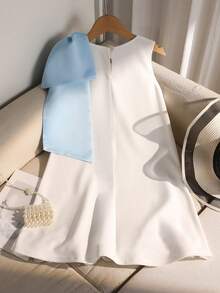 1pc Tween Girls Elegant Detachable Big Bow Decor Sleeveless A-Line Patchwork Lace Dress, Suitable For Daily, Party, Banquet, Spring/Summer - White - View 2