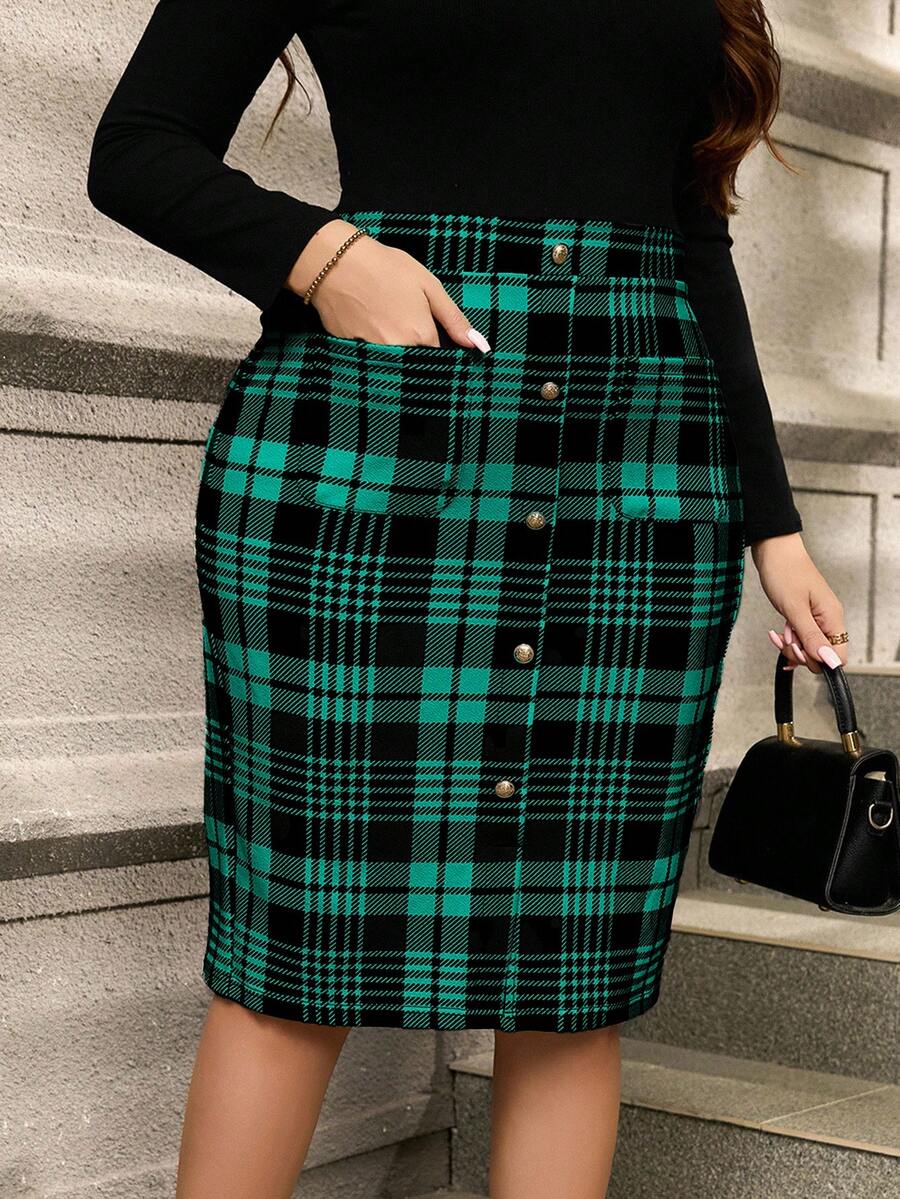 SHEIN Clasi 大码格子前开襟纽扣优雅修身半身裙 - 薄荷綠 - 查看 1
