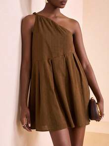 Zivah Women's Vacation Sleeveless Pleated Loose Fashion Mini Dress - Coffee - View 1