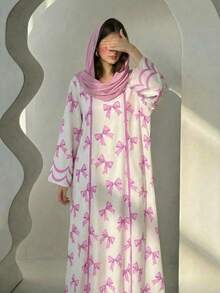 Vestido casual de vacaciones y uso diario con estampado de moño para niñas preadolescentes - Morado - Ver 3