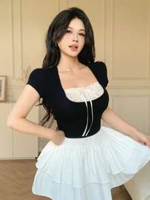 DAZY 春夏两款撞色黑白拼接优雅短袖T恤，女士款，系带蝴蝶结装饰，适合情人节、婚礼、派对等场合。 - 黑色 - 查看 8