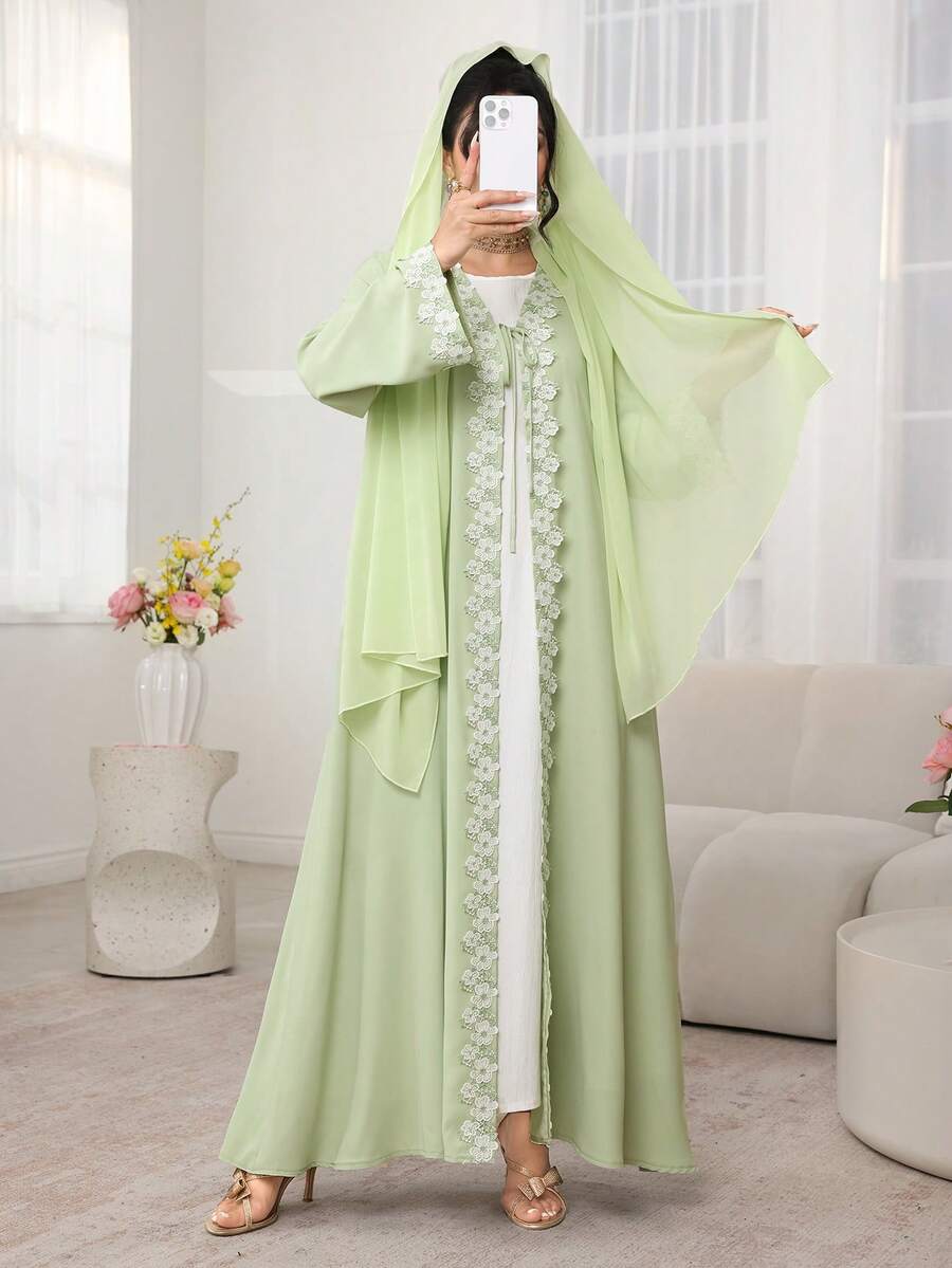 SHEIN Najma 2-Tone Floral Trim Front Tie Light Green Robe With Headscarf - Green - View 1