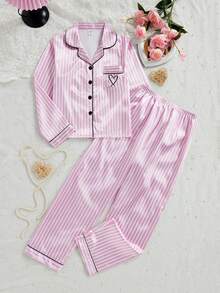 Tween Girls Pajamas-2 Piece Pajama Set Pink White Striped Satin Look Long Sleeve Button Up Top Notch Collar Chest Pocket Heart Embroidery Matching Pants Elastic Waist Four Seasons Holiday 2026 Must Have Sleepwear Loungewear Cozy Gift Ideal Bedroom Sleepwear Set Pink Striped Pajama Pink Pajama Sets - Pink - View 7