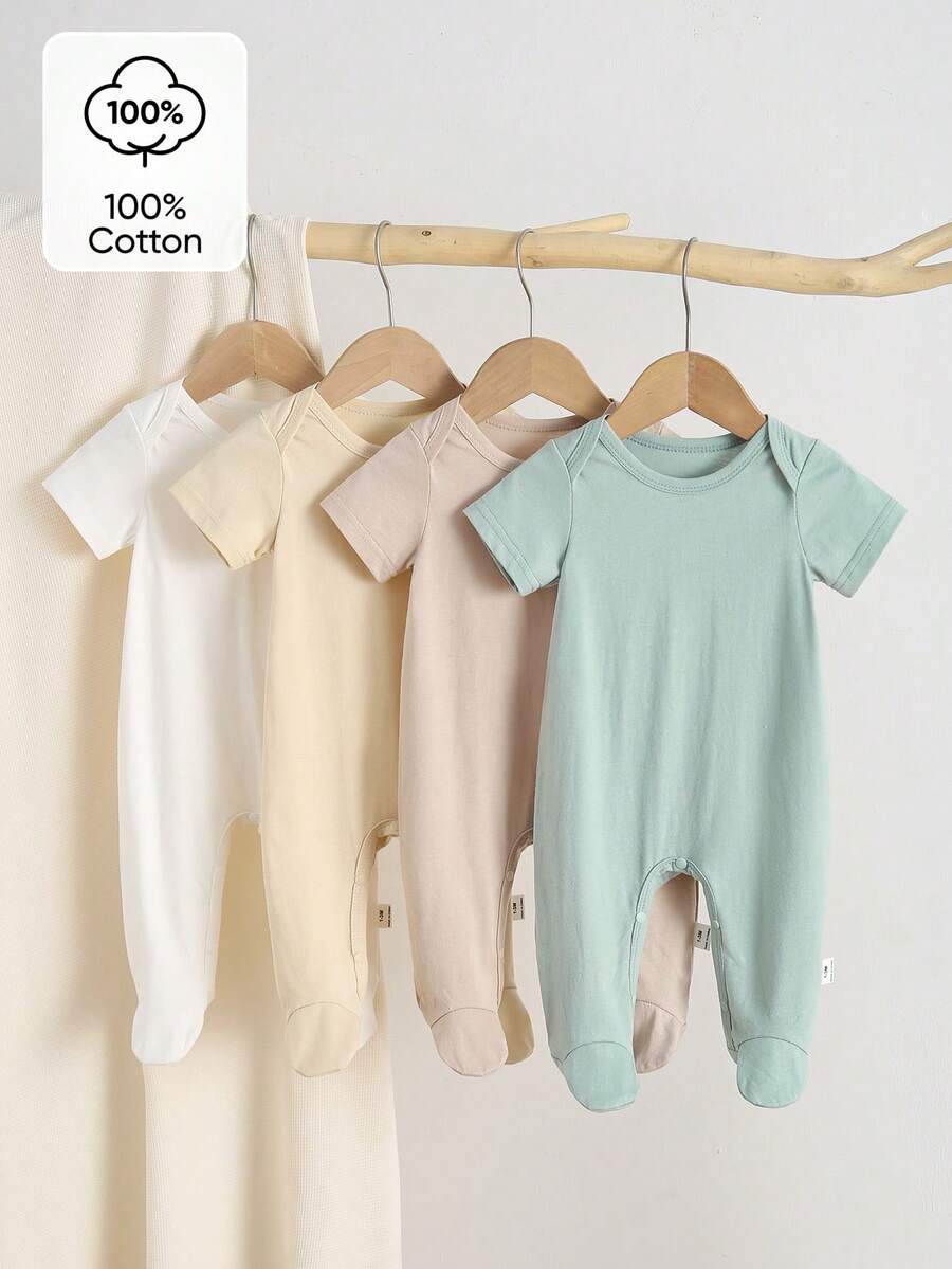SHEIN Bộ áo liền quần 4 món cho bé sơ sinh, chất liệu cotton nguyên chất, mềm mại và thoải mái, thích hợp mặc ở nhà vào mùa xuân/hè. - Nhiều màu - Xem 1