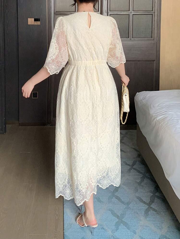 Dazy Plus Valentine Elegant Lace Round Neck Short Sleeve Flare Sleeve Waist Cinched Apricot Dress, Long Length Plus Size Women Spring/Summer Sundress