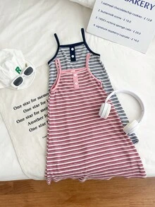 SHEIN Genkimix Kids 2件套女童简约韩版罗纹弹力针织无袖修身吊带裙，粉色和藏蓝色直筒裙，夏季舒适日常穿着 - 粉色 - 查看 1