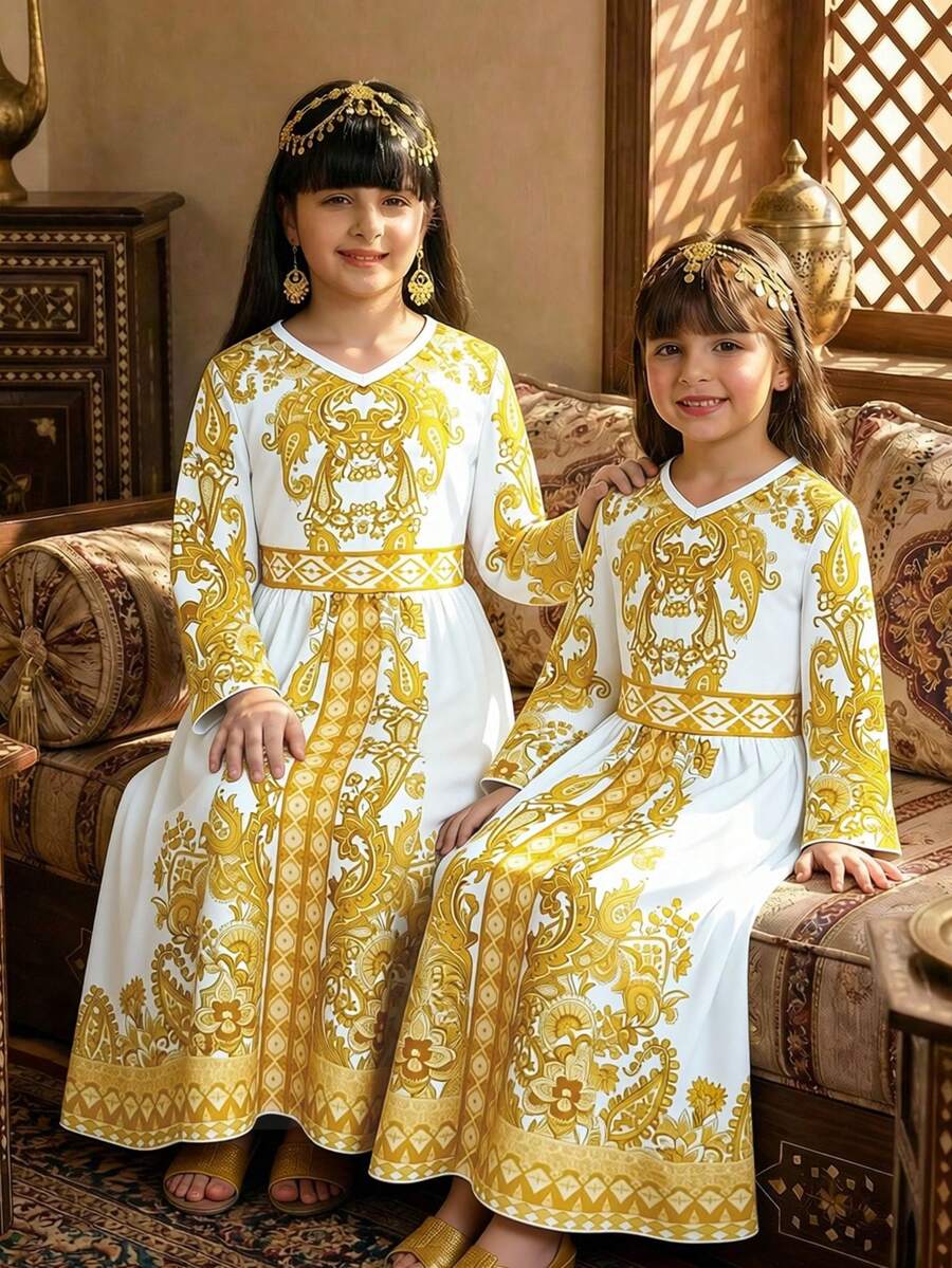 SHEIN 女童春秋季印花连衣裙,白色底布,黄色复古数码印花图案,收腰长袖圆领连衣裙,适合可爱淑女气质的小女孩,高端优雅,适合日常上学、郊游、度假、聚会、节日、新年等场合。 - 彩色 - 查看 1