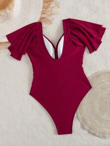 Swim Lushoire Áo tắm liền thân màu đỏ tía, cổ chữ V, tay bồng, eo thắt, kín đáo và tôn dáng, thích hợp cho bãi biển và khu nghỉ dưỡng, mùa hè. - Đỏ - Xem 7
