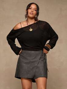 Freevana Plus Size Solid Color Tie-Up Wrap Summer Shorts - Dark Grey - View 5