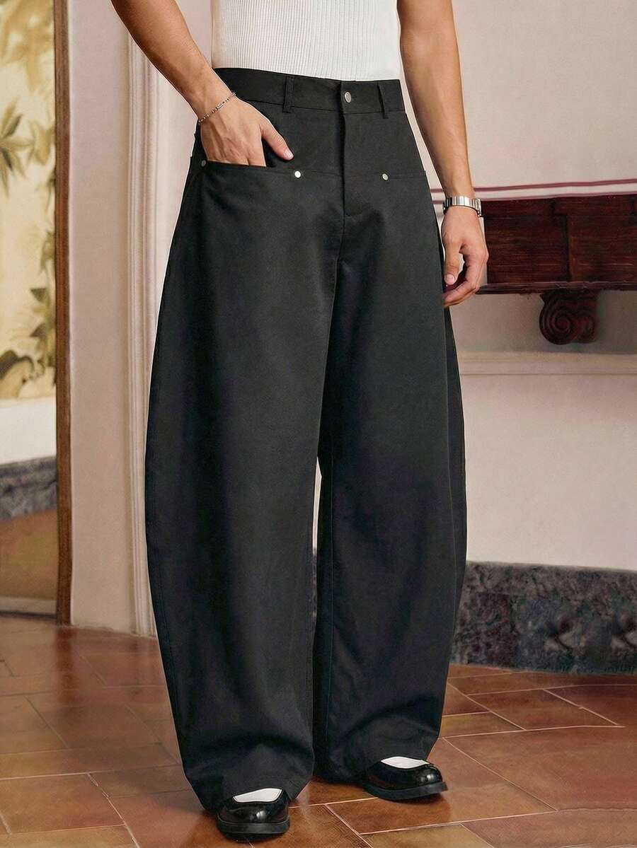 SWAVVY 男士纯色口袋休闲宽松阔腿裤 - 黑色 - 查看 1