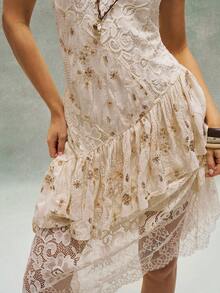 Bohemela 女士夏季度假海滩波西米亚西部音乐节装扮重工多面料蕾丝拼接亮片吊带中长连衣裙，女士夏季服装，自由休闲的穿搭风格，时尚女士服装，海滩装扮，春季装扮，情人节装扮，狂欢节装扮，婚礼宾客派对礼服，优雅连衣裙，女士休闲连衣裙 - 鵝黃色 - 查看 6