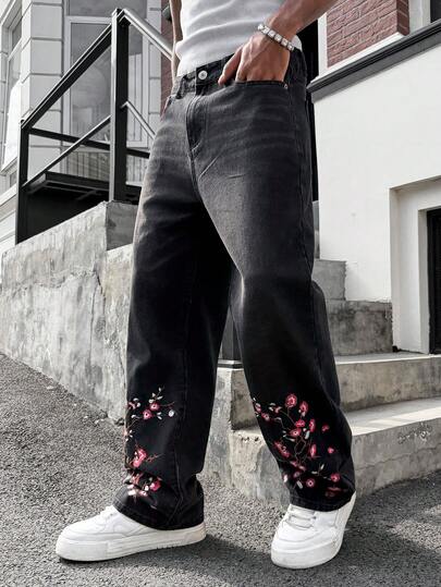 Manfinity EMRG Herren Europäischer Luxus Pflaumenblüten Stickerei Washed Gerade Bein Jeans