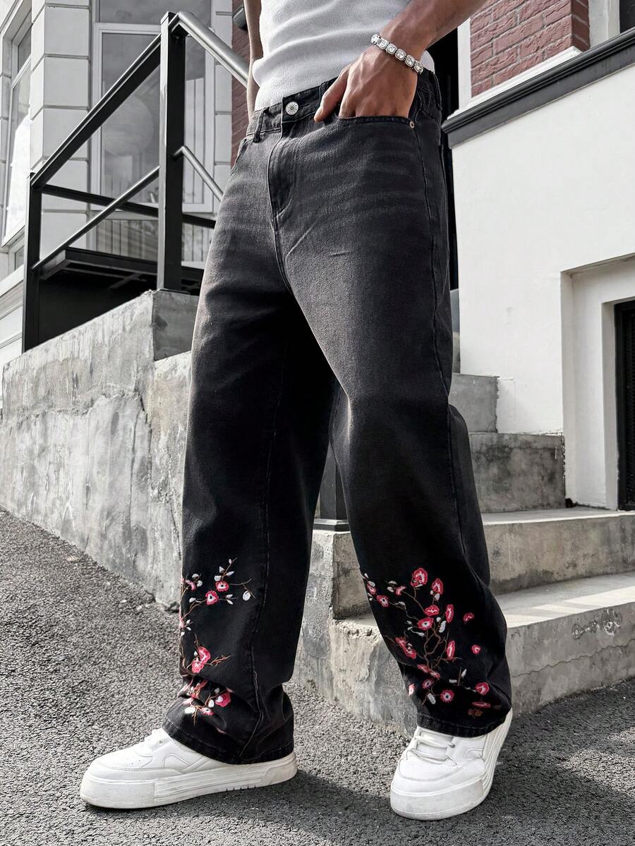 Manfinity EMRG 男士欧洲奢华梅花刺绣水洗直筒牛仔裤 - 深灰色 - 查看 1