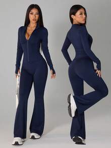 SHEIN PETITE 2 piezas Conjunto informal de mujer con blusa de manga larga azul marino y pantalones acampanados - Azul Marino - Ver 1