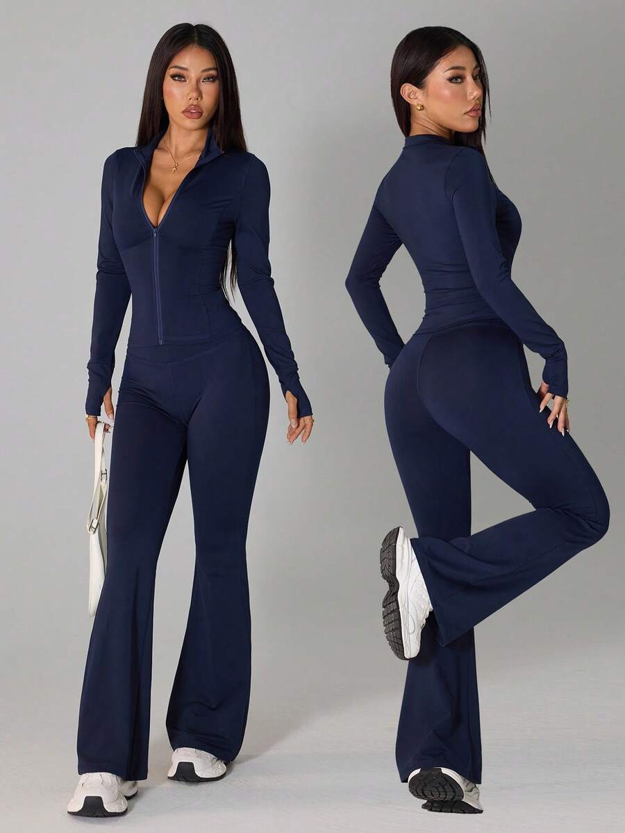 SHEIN PETITE 2 piezas Conjunto informal de mujer con blusa de manga larga azul marino y pantalones acampanados - Azul Marino - Ver 1