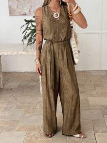 Livesso Halter Neck Textured Waist Sleeveless Jumpsuit For Women, Vacation - Green - View 7