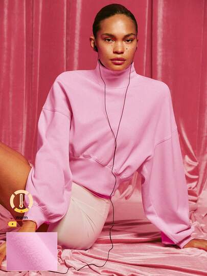 GLOWMODE Modal Soft Warm Curved Bubble Hem Waist Length Oversized Ribbed Cuffs High Neck Pullover Sweatshirt Daily