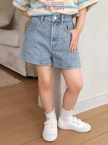 DAZY Girls (Small) Rhinestone Embellished Denim Shorts - Light Wash - View 8