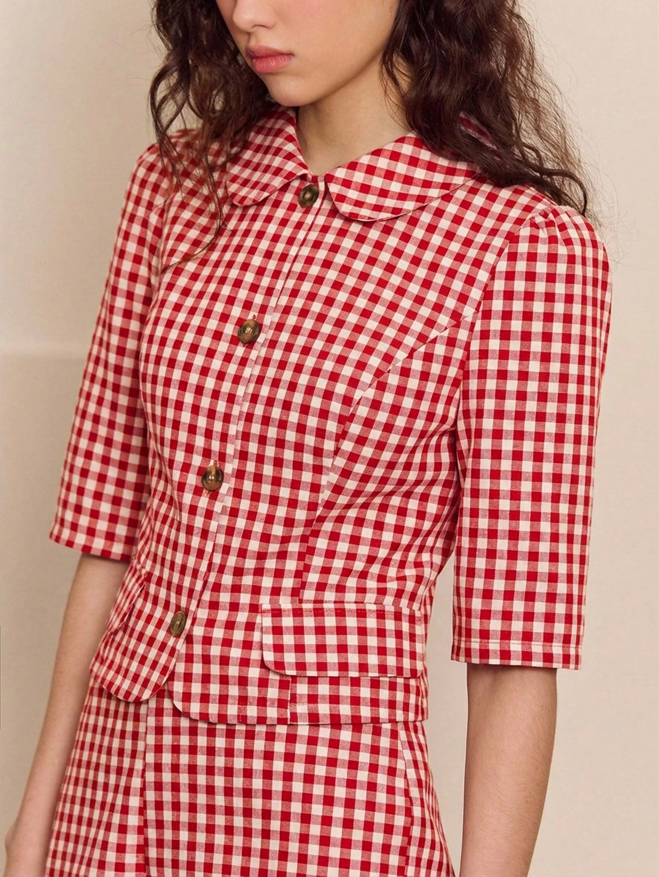 Red Gingham Button-Up Short-Sleeve Jacket With Rounded Collar Cute Vintage Style Spring Summer Going Out