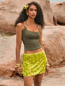 Poéselle Women's Solid Color Beaded Halter Neck Backless Fitted Tank Top,Summer Top - Army Green - View 5