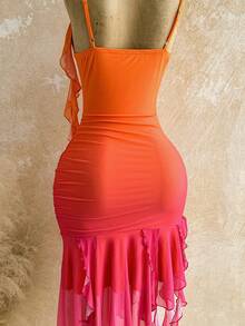 Soleia 女士日落渐变橙色水钻花卉网纱荷叶边连衣裙，适合海滩、邮轮、城市度假、音乐节、波西米亚风、海滩度假村、海岛度假村、海滩假日、音乐节等场合，四季皆宜，日常通勤也适用。 - 亮橙色 - 查看 8