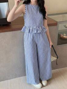 日常休闲少女长款条纹圆领背心套装，条纹长裤两件套，少女两件套，学院风两件套，女士条纹套装 - 藍白色 - 查看 3