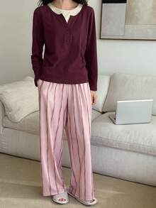 DAZY 女士两件套针织条纹上衣和配套印花睡裤套装 - 紫色 - 查看 1