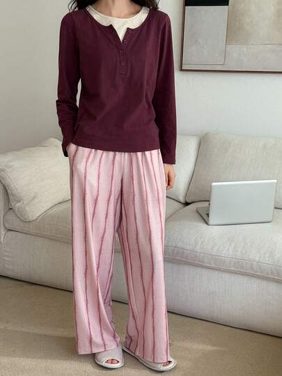 DAZY 2pcs Knit Top With Striped Print & Matching Allover Print Pajama Pants Set For Women