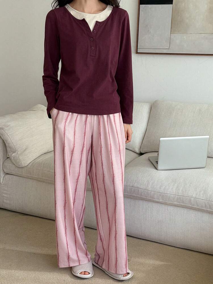 2pcs Knit Top With Striped Print & Matching Allover Print Pajama Pants Set For Women