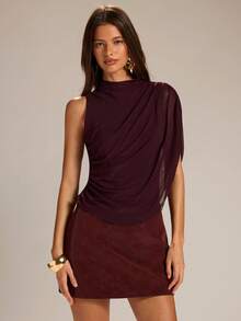 SHEIN x Tata & Beatriz SHEIN BAE Women's Sleeveless Solid Brown Shawl Tank Top - Purple - View 5