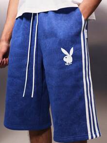 PLAYBOY X SUMWON Celana Pendek Basket Jersey Logo Kelinci dengan Pinggang Elastis Bertali dan Detail Garis Samping untuk Pakaian Kasual Musim Panas - Biru - View 5