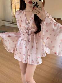 DAZY Áo kiểu voan họa tiết hoa nhí mùa xuân hè, thanh lịch, ôm dáng, thoải mái, tay loe, viền bèo nhún, dài tay cho nữ, phong cách boho. - Hồng - Xem 7