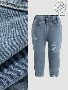 DENIMLY BABY GIRL ALL YEAR MUST HAVE CLASSIC SIMPLE BASIC SOFT RIPPED SKINNY JEANS, FULLY ELASTIC WAISTBAND AND HIGH STRETCH COTTON FABRIC. BASIC AND SOFT. - Light Wash - View 1