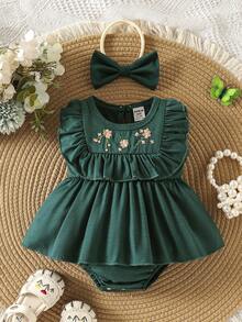 SHEIN Playful Pals 优雅的绿色花卉刺绣夏季女童连衣裙，适合派对和日常穿着 - 綠色 - 查看 4