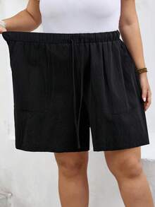 SHEIN CURVE+ Quần short nữ dáng suông US22, thích hợp cho lễ hội âm nhạc, kỳ nghỉ biển, phong cách bohemian, màu trơn, có dây rút ở eo và túi. - màu đen - Xem 7