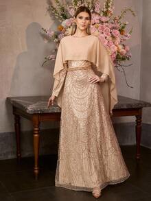 MOTF Soiréza WOMEN'S ELEGANT ROUND NECK LONG-SLEEVED CAPE-STYLE MAXI PARTY GOWN – WITH SPARKLY SEQUIN BEADED FAUX PEARL-EMBELLISHED, BATWING SLEEVE CENTRAL BACK ZIPPER, IDEAL FOR PARTIES, GALAS, FORMAL EVENINGS, HOLIDAY CELEBRATIONS & SPECIAL EVENTS - Khaki - View 5